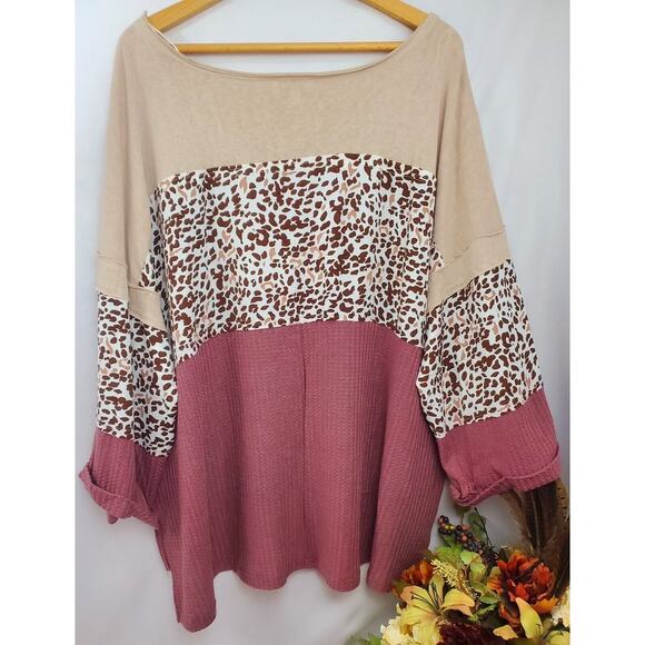 Umgee Top Plus Size 1X Mixed Leopard Print Boho Peasant Thermal Shirt 1 1XL - Picture 2 of 7